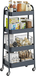 DUMOS 4 Tiers Rolling Utility Cart, Storage Organizer, Shelving Unit | Metal, Lockable Wheels, Mobile, Kitchen, Bathroom, Laundry, Narrow Places, Gray