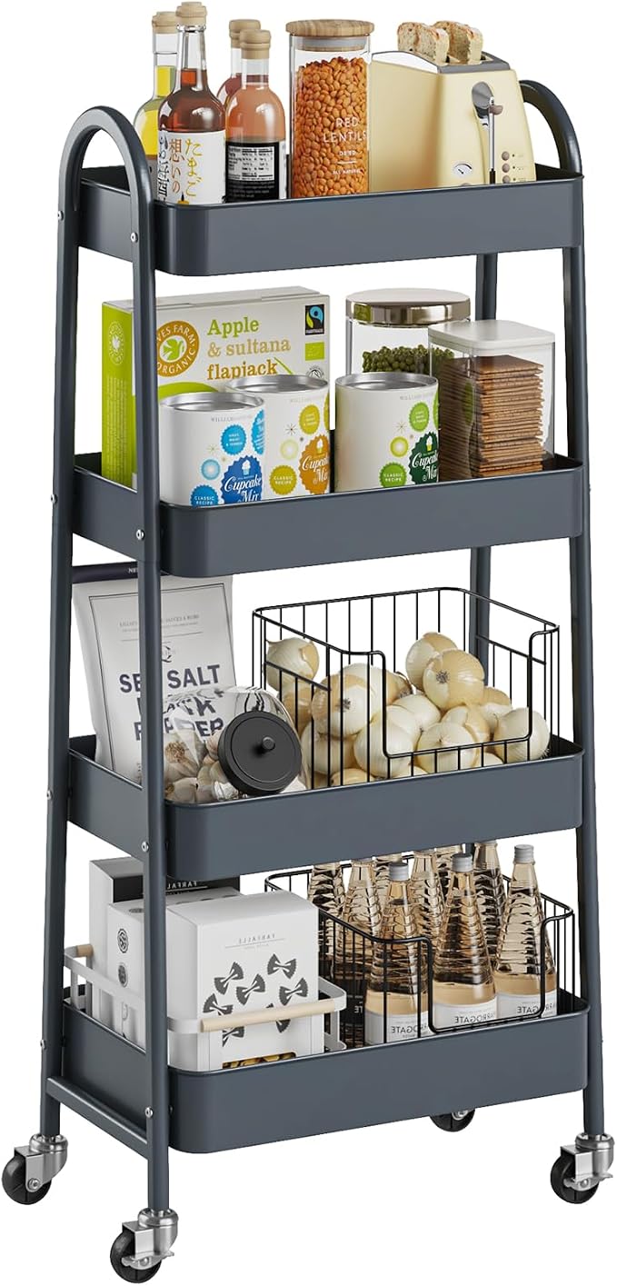 DUMOS 4 Tiers Rolling Utility Cart, Storage Organizer, Shelving Unit | Metal, Lockable Wheels, Mobile, Kitchen, Bathroom, Laundry, Narrow Places, Gray