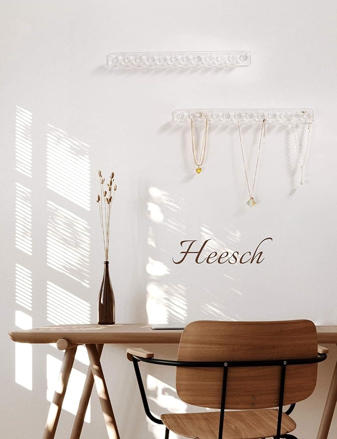 Heesch Necklace Hanger, Necklace Organizer, Acrylic Jewelry Wall Holder | Wall Mount Jewelry Hooks for Necklaces, Bracelets & Chains, Hanging Organizer and Storage, 4-Pack Clear