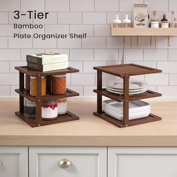 4 Pack Bamboo Corner Shelf,3 Tier Kitchen Cabinet Organizer for Plates and Dishes,Pantry Storage and Spice Rack（Brown）