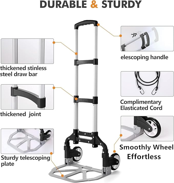 Folding Hand Truck Aluminum Portable Folding Hand Cart 180lbs Capacity Hand Cart and Dolly Ideal for Home, Auto, Office,Travel Use,Black