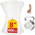 Clear Zip Ties Heavy Duty 8 Inch(1000 pcs), 50lb, White Cable Ties, Zipties | Heavy Duty, 1000 pcs, 50lb