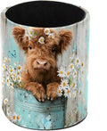 Leather Pen Holder for Desk, Highland Cow Flower Pencil Cup Pen Organizer Makeup Brush Holder for Office Home Kids Countertop Desk Accessory Storage