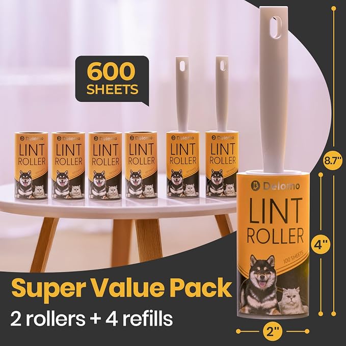 DELOMO Lint Roller for Pet Hair Extra Sticky, Mega Value Set of 600 Sheets | 2 Handles + 6 Rollers, Clean Faster for Clothes, Couch, Bedding, Furniture & Car, Easy Peel Design for Multi-Pet Homes