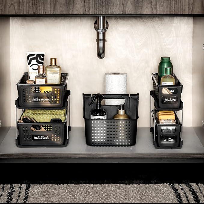 madesmart Premium Small 2 Tier Organizer, Under Cabinet Storage with Sliding Drawers, for Cleaning Supplies, Pantry, Sponges, Bottles, Adjustable Dividers & Pull Out Sliding Baskets, Carbon