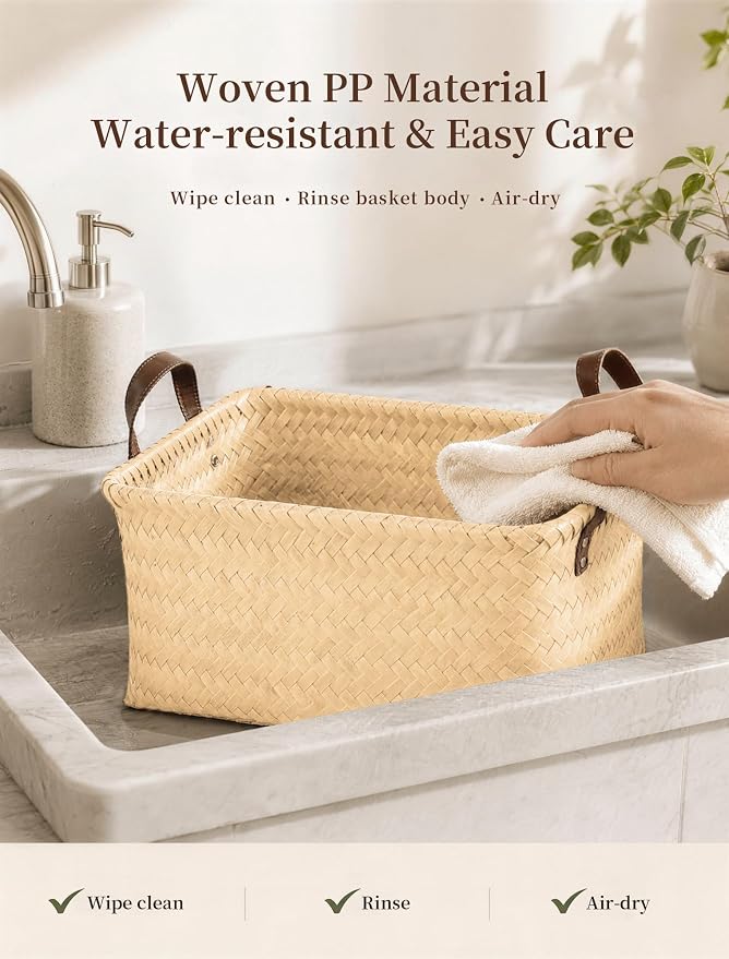Hand Woven Baskets for Storage, 4Pcs Water-Resistant Wicker Baskets, Yellow Wicker Storage Baskets for Shelves, Large Basket with Handle for Organizing, Clothes, Laundry, Blanket - Rectangular