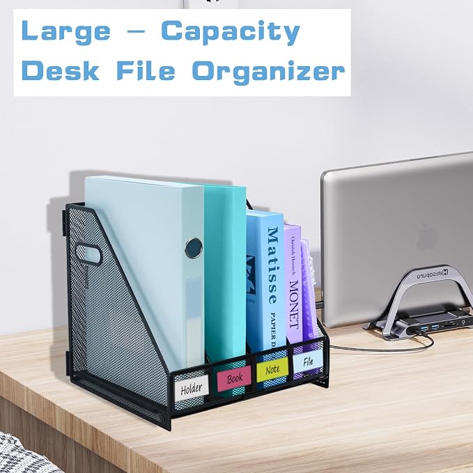 Desk Organizers Metal Magazine File Holder Racks Desktop Folder Storage Binder Organiser Document Organization for Home Office & Classroom,4 Vertical Compartments