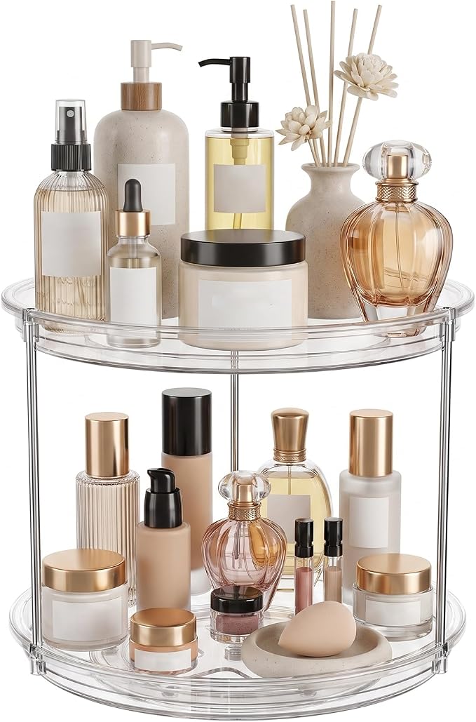 360° Rotating Makeup Organizer 2 Tier 9" Clear Lazy Susan Turntable Skincare Perfume Organizer Bathroom Countertop Vanity Tray Space-Saving Cosmetic Storage for Dresser