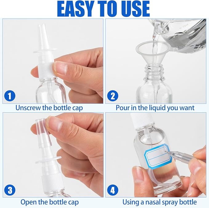 10 Pcs Nasal Spray Bottles, 30ML/1oz Transparent Glass Refillable Fine Mist Empty Clear Nasal Spray Bottle with 2 Funnels and 2 Labels