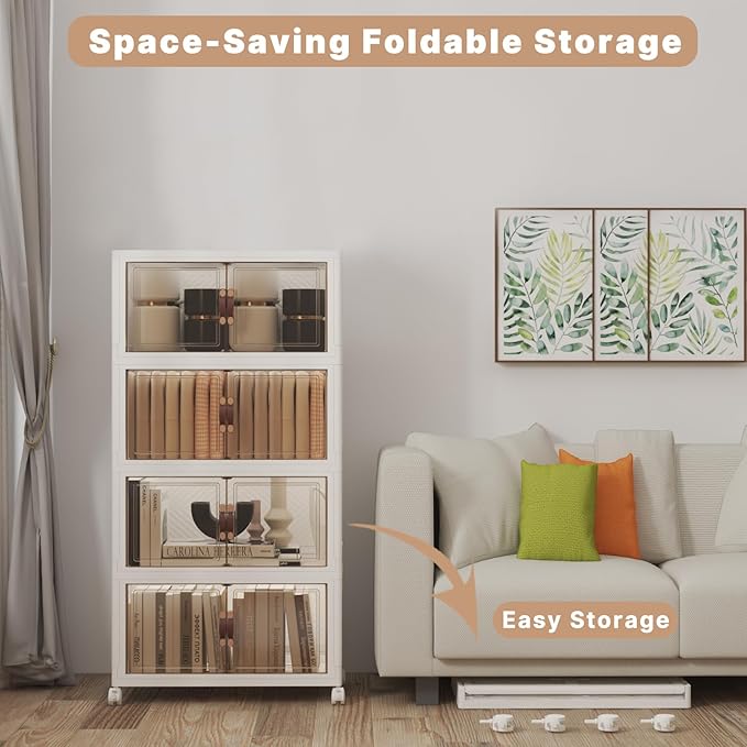 UAMFURI Stackable Storage Bins with Lids 192QT-48QT*4Pack Folding Storage box with Doors and Wheels, Collapsible Plastic Bins Stackable Organizer and Containers for Home, Garage, Office