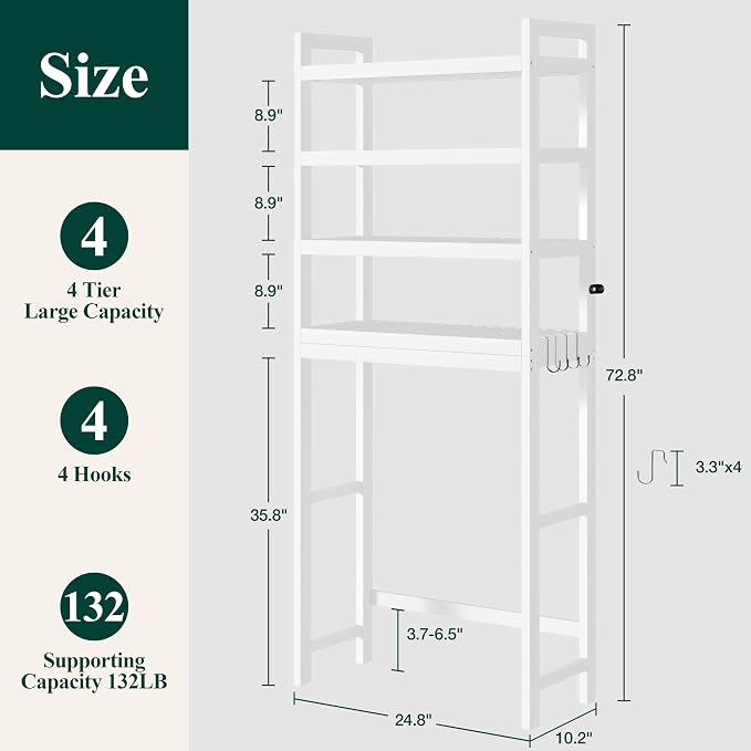 Smiry Over The Toilet Storage Cabinet, 4-Tier Bamboo Bathroom Organizers with Adjustable Shelf & 4 Hooks, Space Saving Shelf Rack for Bathrooms, Laundry Room, Balcony, White