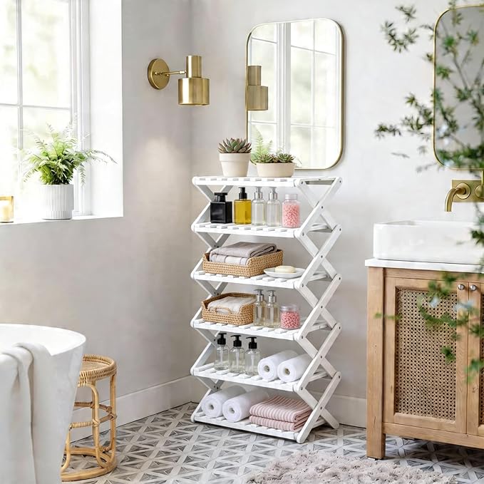 6 Tier Bamboo Shoe Rack White,Portable Folding Shoe Storage Rack,Without Installation Small Shoe Rack Perfect for Corridors, Drom, Bedrooms and Small Spaces