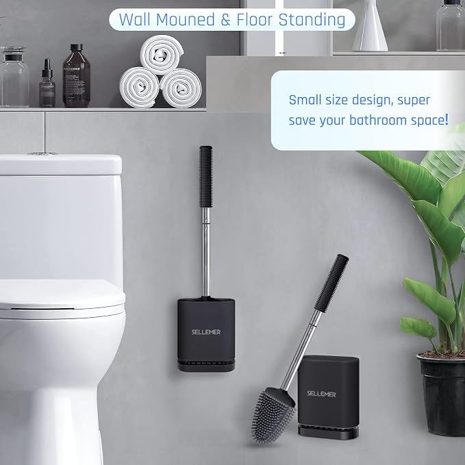 Sellemer Silicone Toilet Brush, Ventilation Slots Base Holder 2 Pack, Black | Flexible Bristles Flat Head for Rim, Hair Tangle-Free, Easy to Clean, Compact Design, Rustproof Handle, for Toilet/Sink/Tub