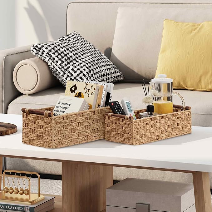 Vagusicc Wicker Storage Basket, Set of 2 Hand-Woven Paper Rope Wicker Basket for Organizing with Handle Decorative Storage Bins for Counter Shelf Table Toilet Paper Basket for Toilet Tank Top, Natural