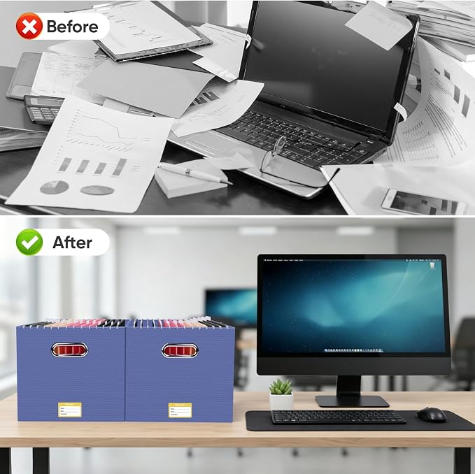 BALEINE File Organizer Box, Cardboard File Folder Organizer with Handle for Letter Size, Portable Collapsible Hanging Filing Box for Home Office Document Storage (8 Pack, Large Navy)