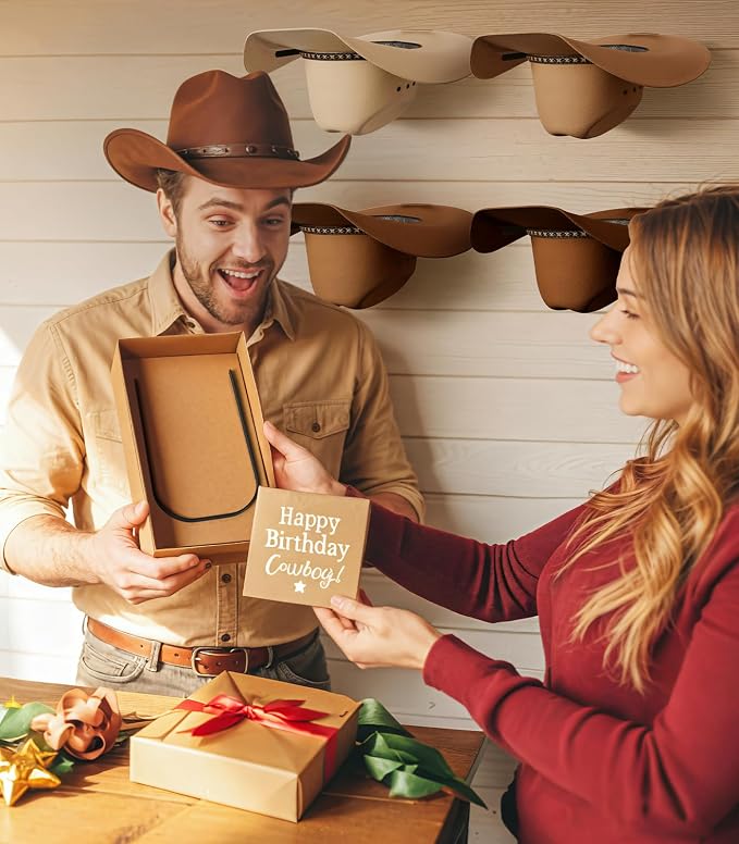 Cowboy Hat Rack 4-Pack Dual Arm Metal Wall Mount for Wide Brim Hats Rustic | Rustic wall hat rack with extended dual arms, fits cowboy hats, fedoras and wide-brim caps to prevent brim bending.