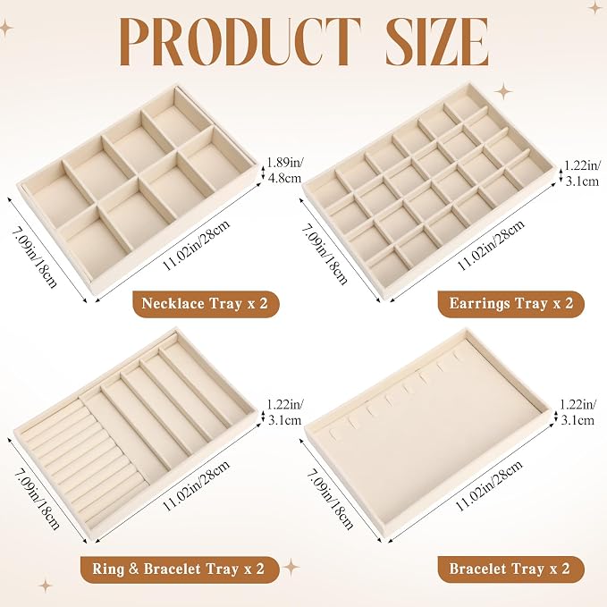 Tondiamo 8 Pcs Velvet Jewelry Drawer Organizer Trays Bulk 11.02 x 7.09 x 1.22 Inch Beige Stackable Jewelry Storage Inserts Set Tray Set with Removable Divider for Earrings Necklaces Bracelets