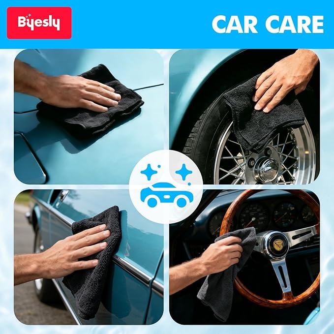 12-Pack Microfiber Cleaning Cloth, 11.5x11.5 Microfiber Towels for Cars, Dishes & House, for Detailers, Chefs & Efficient Home | Scratch-Free, Lint-Free, Ultra Absorbent(Black)