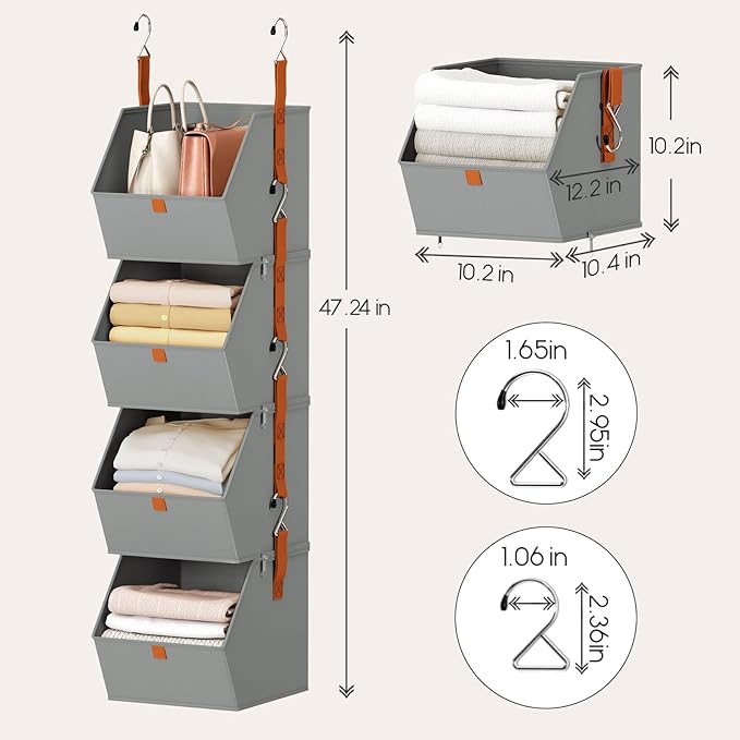 Homsorout Hanging Closet Organizer 4 Tier - Clothes Hanging Shelves, Space-Saving Closet System, Fabric Storage Bins Bedroom Organization, Collapsible Baskets for Home, Dorm, Rv, Grey, 8 Pack