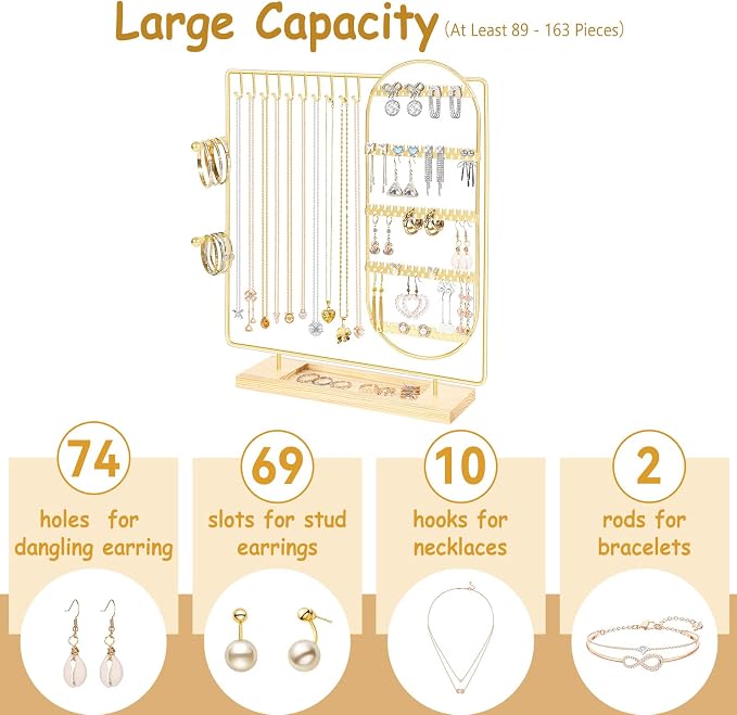 Jewelry Organizer Stand Jewelry Necklace Holder, 5-Tier Jewelry Organizers and Storage for Necklace Earring Bracelet Ring, Metal Jewelry Display Tree, Gifts Room Dorm Decor for Girls - Gold