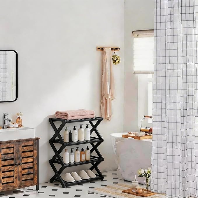 4 Tier Bamboo Shoe Rack Black,Portable Folding Shoe Storage Rack,Without Installation Small Shoe Rack Perfect for Corridors, Drom, Bedrooms and Small Spaces