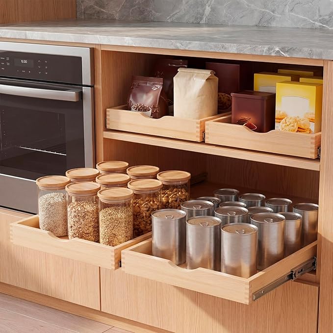 Sintuff 4 Pack Wooden Pull out Tray Cabinet Organizer Gentle Close Roll out Shelves for Kitchen Cabinets Fully Assembled Slide Pantry Shelves (12'' X 21'')