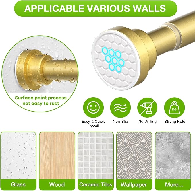 Tension Curtain Rod 46-76Inch Curtain Rods for Windows Gold Spring Curtain Rod no Drilling Adjustable Expandable Tension Rods for Windows,Doorway,Closet,Bedroom