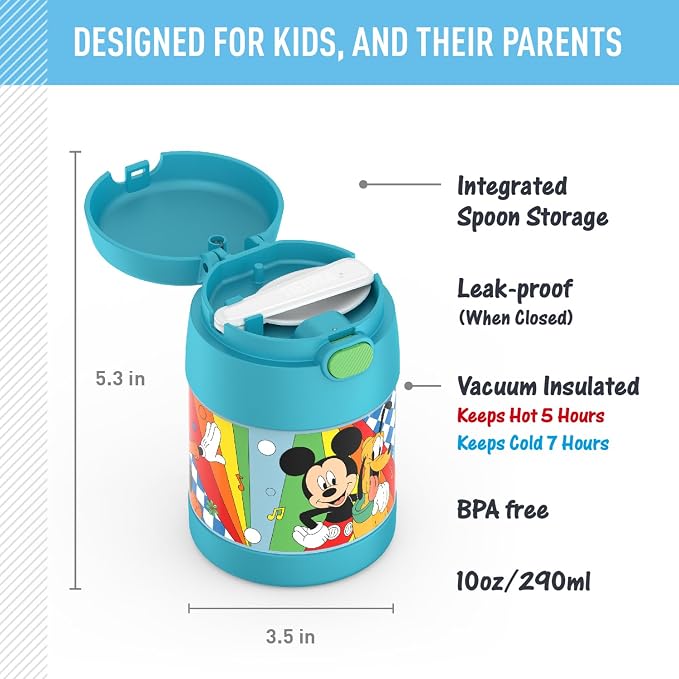 THERMOS FUNTAINER 10 Ounce Stainless Steel Vacuum Insulated Kids Food Jar with Spoon, PRESCHOOL MICKEY