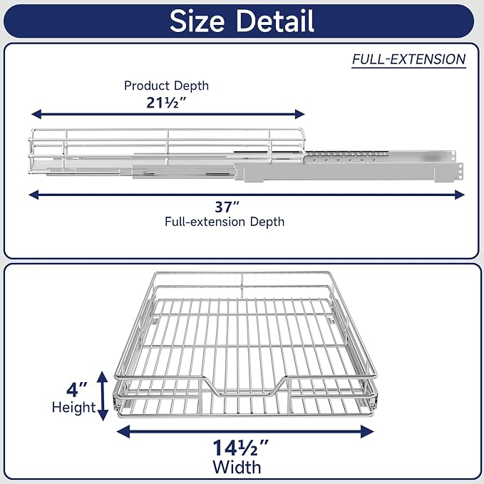 Pull Out Cabinet Organizer, 14.5" W x 21.5" D, Heavy Duty Chrome Slide Out Shelf for Base Cabinets, Sliding Wire Basket Drawer for Pantry Items, Bowls, Containers & Cleaning Supplies