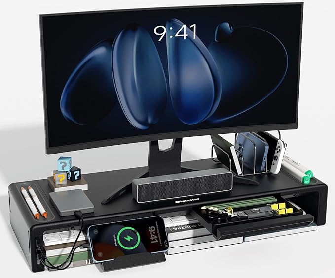 OImatser Monitor Stand Riser with USB 3.0 Hub & Type-C Port, Foldable Adjustable Computer Stand with Storage Drawer, Pen Slot & Phone Holder, Space Saving Laptop Stand for Home Office Desk Organization (Black-3.0 HUB-Adapter)
