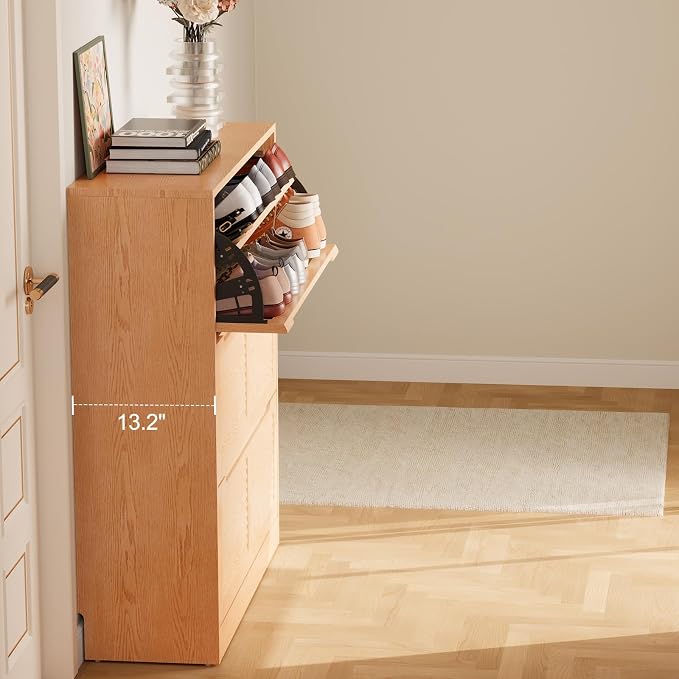 WoodsWhisper Solid Wood Shoe Cabinet for Entryway with 3 Flip Drawers, Narrow Shoe Organizer with Breathable Slatted Doors, Freestanding Hidden Shoe Rack for Hallway(Natural, 39" W)
