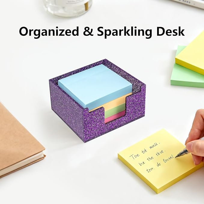 Acrylic Sticky Note Holder 4x4in Tray for Desk, Purple Glitter | Sparkling glitter acrylic tray, fits 3x3 sticky notes, compact organizer for office school and home