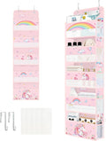 Clastyle Over the Door Organizer Diaper Toy Nursery Hanging Shelf, Unicorn | Pink Rainbow, 5-Tier Clear Window Mesh Pocket 44 lbs Weight Capacity, Behind Door Storage, Bedroom Bathroom Closet Pantry