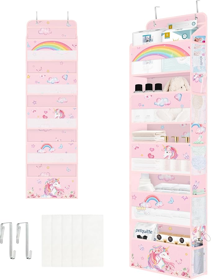 Clastyle Over the Door Organizer Diaper Toy Nursery Hanging Shelf, Unicorn | Pink Rainbow, 5-Tier Clear Window Mesh Pocket 44 lbs Weight Capacity, Behind Door Storage, Bedroom Bathroom Closet Pantry