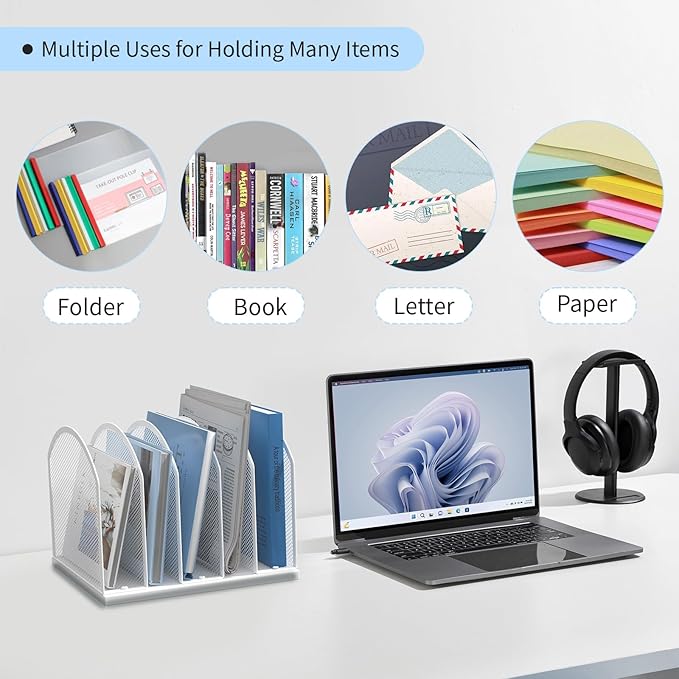 Gawerk 5-Section Vertical Desktop Organizer, 5-Section Mesh File Folder Stand Sorter for Office Home Classroom Organization (1, White)