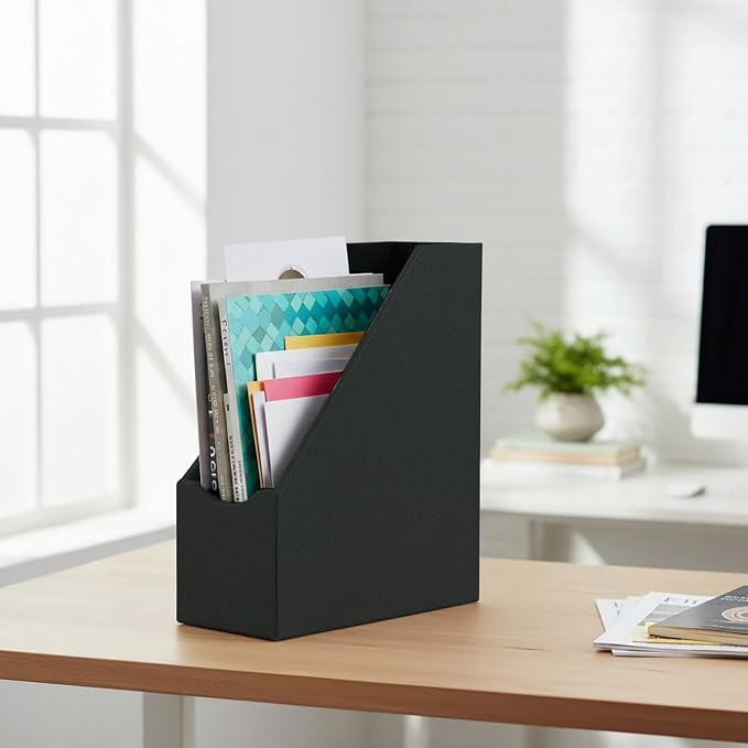 UnionBasic Magazine File Holder, Grey | Leatherette, Desktop Document Organizer, Home Office Paper Holder, File Storage Literature Sorter