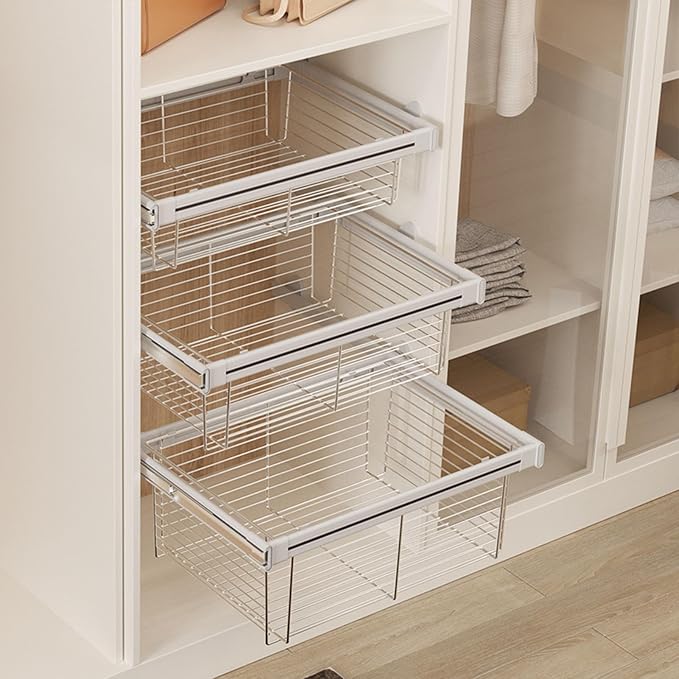 Depth 17.95In Expandable Cabinet Pull Out Basket,Stackable Shelf Baskets Organizer,Aluminum Alloy Stackable Storage Bins,for Office Bathroom Bedroom,Silver-34.25-36.22in