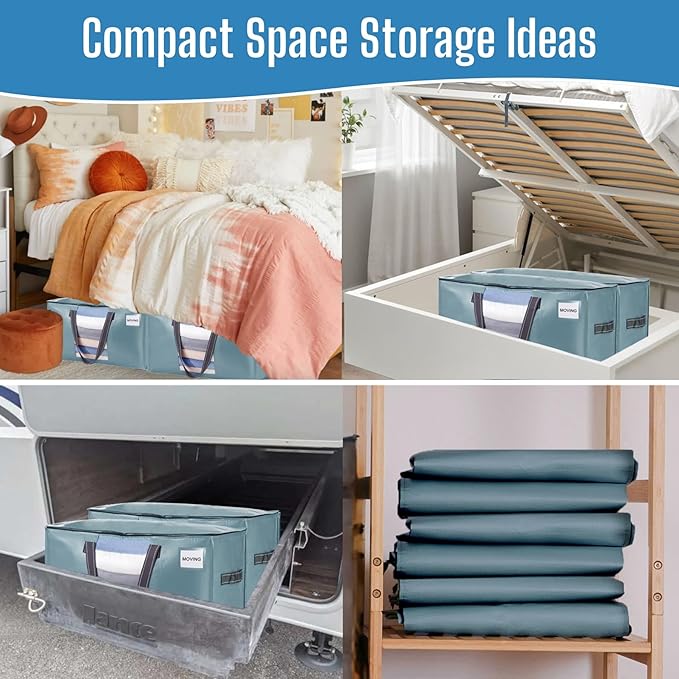 VENO 8 Pack Heavy Duty Moving Bags, Clothes and Comforter Storage Bags with Clear Window, College Dorm Essentials Packing Supplies, Foldable Boxes Alternative (Shiny Light Blue, 8 Pack)