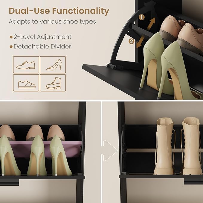 Shoe Cabinet Organizer with 2 Flip Drawers, Freestanding Shoe Rack Cabinet, 23.6" W × 6.3" D × 33.1" H Narrow Shoe Cabinet Storage for Entryway, Foyer, Hallway, Black