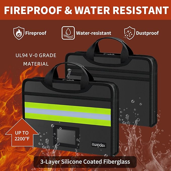 Fireproof Accordion Document Bag, Water-Resistant File Organizer, 12 Pockets 2200°F, with Reflective Strip, Fire Safe Storage for A4 Letter and Other Sizes Important Documents - Black