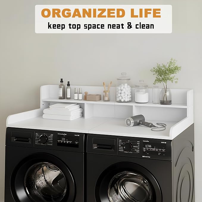 Washer Dryer Countertop with Shelf, 2-Tier Laundry Countertop Over Washer and Dryer, 54" x 27.55" Wooden Table for Folding Clothes for Laundry Room Organization and Storage (Milky)