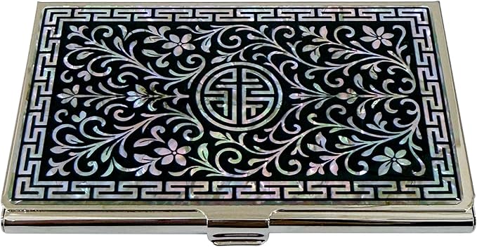 Mother of Pearl Business Card Case Credit Id Name Holder Travel Wallet Art Painting Design Metal Stainless Steel Engraved Slim Purse Pocket Cash Money Wallet (N_Arabesque)