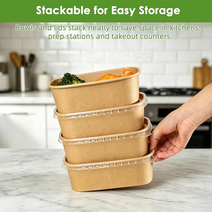 50 Pack 35oz Meal Prep Containers with Lids and Forks for Lunch Takeout | Disposable, Compostable Kraft Paper Bowls To Go, Microwave & Freezer Safe Food Containers for Hot Soup, Cold Dessert