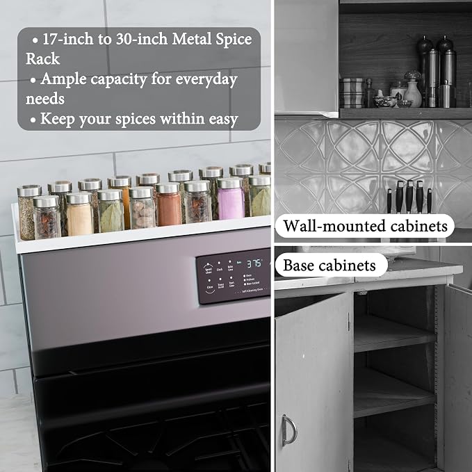 Magnetic Over the Stove Shelf, Extendable（16" to 30" ）Steel Spice Rack Shelf, Above Oven Storage Organizer, Stove Top Shelf for Kitchen Range, Back of Stove & Floating Shelves for Bathroom - White