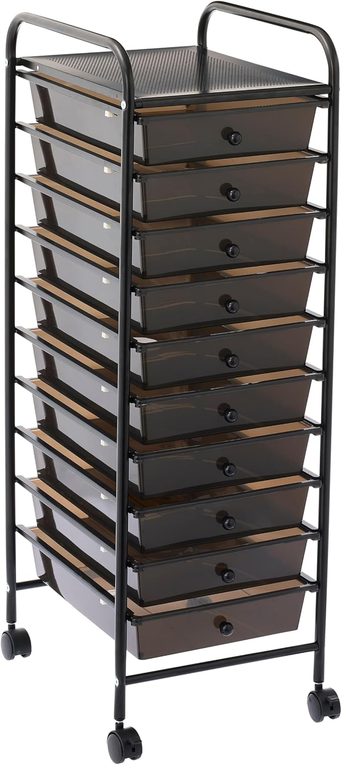 Simply Tidy 10 Drawer Matte Black Rolling Cart - Mobile Organizer with Removable Drawers, Swivel & Locking Casters, Durable Tubular Frame - 1 Set