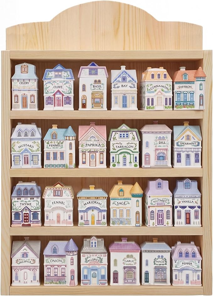 Chunful Vintage Spice Jar Wooden Rack Burlywood DIY Paintable Spice Shelf for 24 Jars, Village Style Wall Mounting Kitchen Storage Decorative Hanging Display Rack, Shelf Only