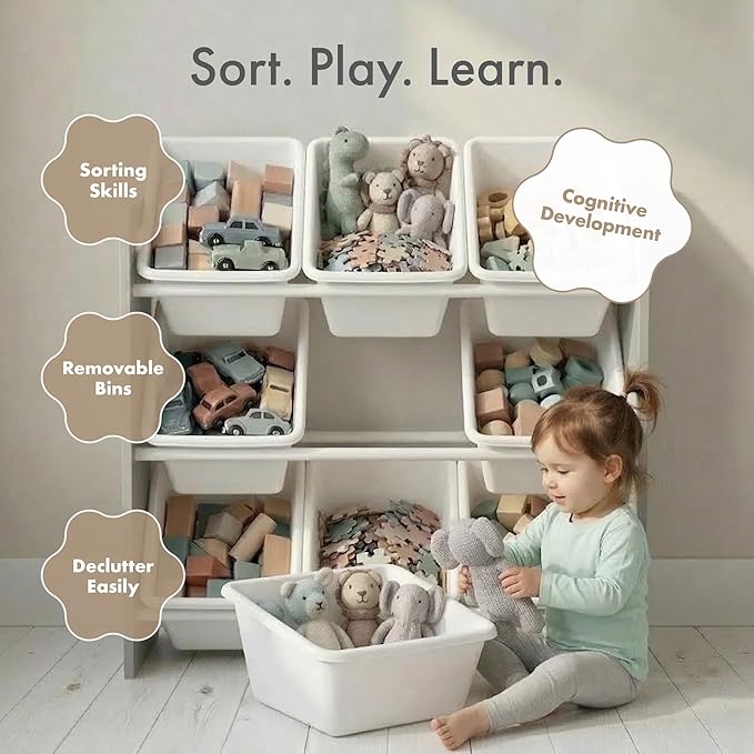 Humble Crew Toy Storage Organizer with 9 Removable Storage Bins for Kids Playroom, 3-Tier Toddler Toy Organization and Storage, Grey/White