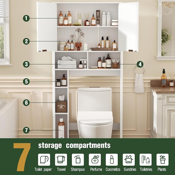 AKMAKM 31" W Over the Toilet Storage Cabinet with Fluted Door, White Bathroom Organizer with Adjustable Shelf, 67''H Tall Toilet Paper Holder Stand Wave Door for Restroom, Laundry Room