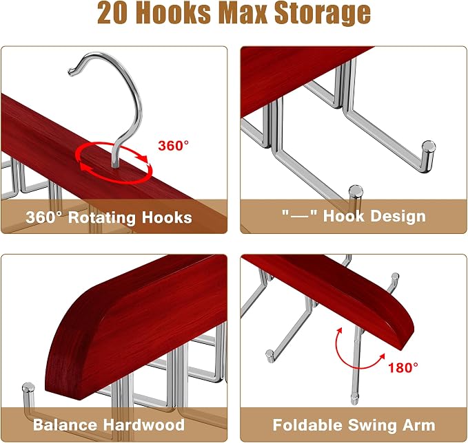 Tie Rack Hanger for Closet, 2 in 1 Belt Tie Hangers with 20 Folding Hooks, 360 Degree Rotating Wooden Tie Holder Organizer for Men Ties Belts Scarves Tank Tops Accessories, Walnut (1 Pack)