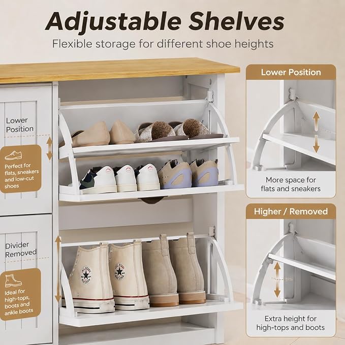 Shoe Storage Cabinet for Entryway, 16-24 Pairs Farmhouse Slim Shoe Cabinet with 4 Flip Drawers, Adjustable Shelves & Anti-Tipping Freestanding White Shoe Organizer for Small Space Hallway Apartment